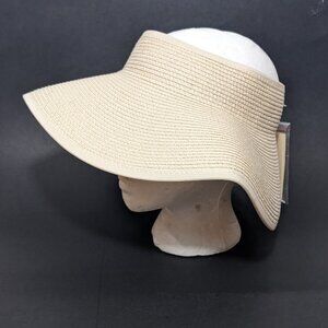 Furtalk Straw Sun Visor Hat Beige Wide Brim Roll-Up Ponytail UVA UVB Packable